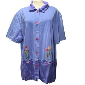 Vintage Embroidered Floral Button Up Shirt Women XL Purple Tunic USA Lagenlook
